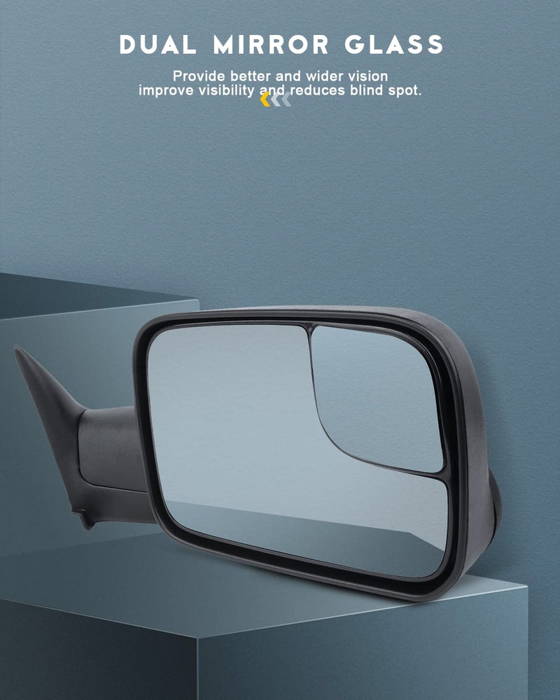 OCPTY Towing Mirror With Manual Adjusted Right Side Tow Mirror Compatible With 1994-2001 For Dodge For Ram 1500 1994-2002 For Dodge For Ram 2500 3500 With Black Housing - Image 2